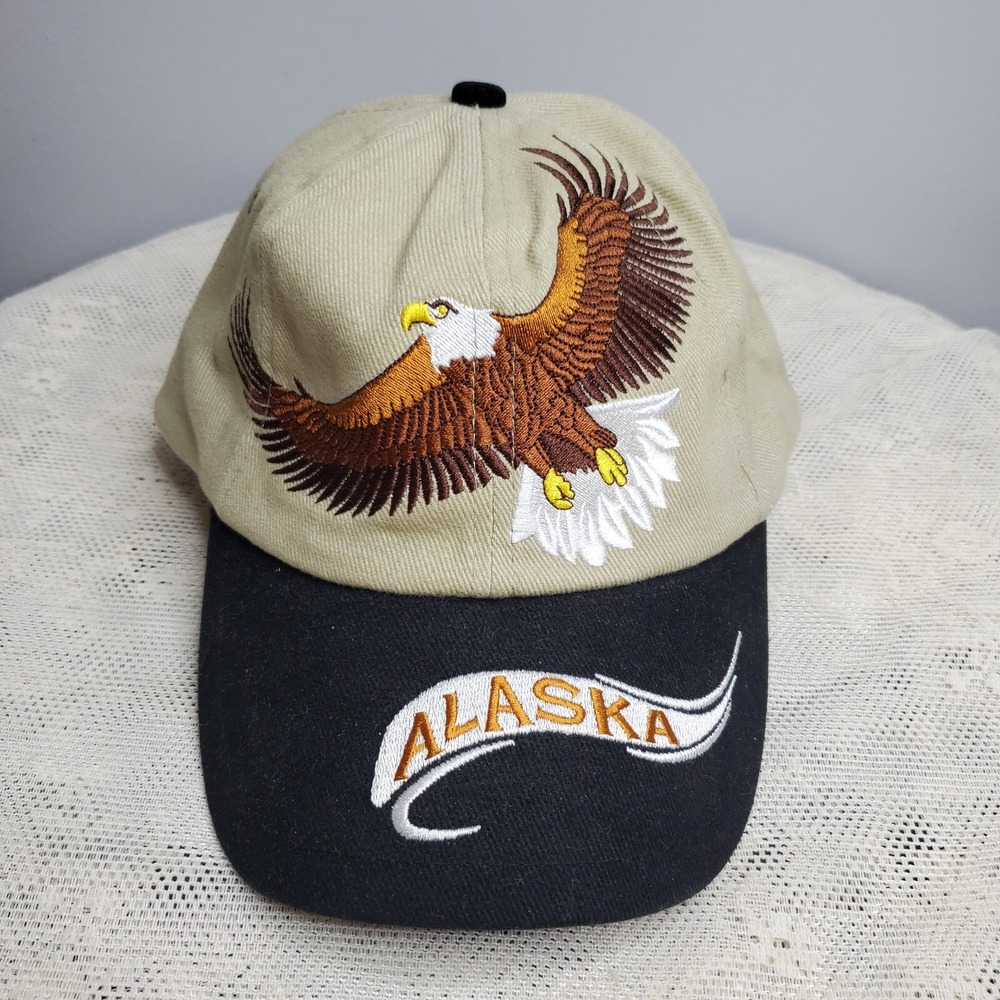 Alaska American Bald Eagle Baseball Hat Cap‎ Large Embroidered Eagle Tan & Black